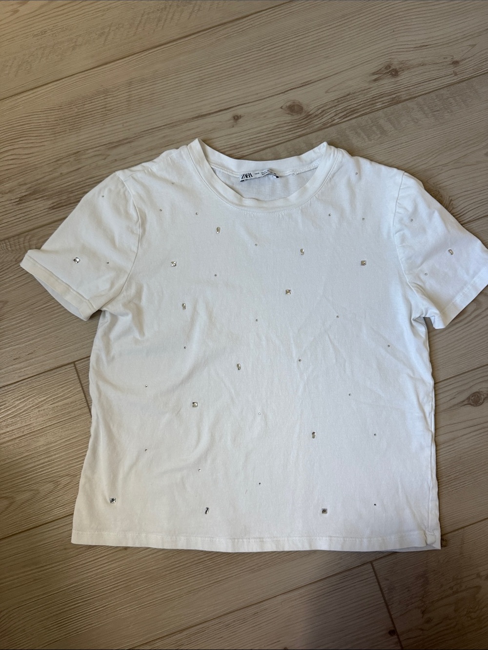 Zara White Short Sleeve Tee with Crystal Details